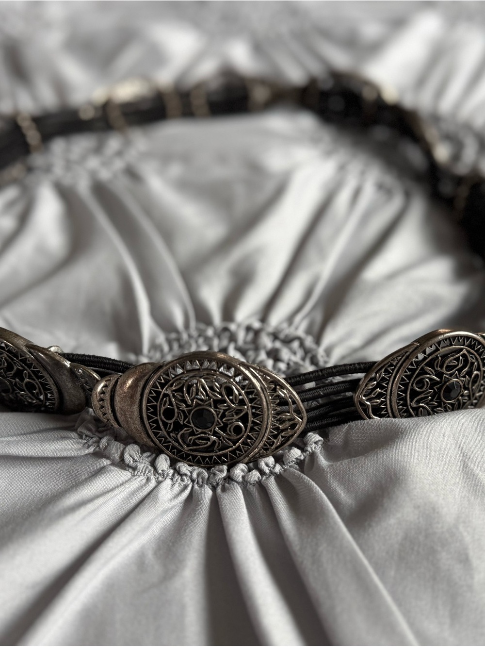 Black Elastic Waist Belt with Antique Silver Medallions